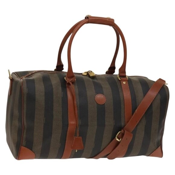 FENDI Pecan Canvas Boston Bag PVC Black Brown Auth hk2948 - Picture 1 of 16